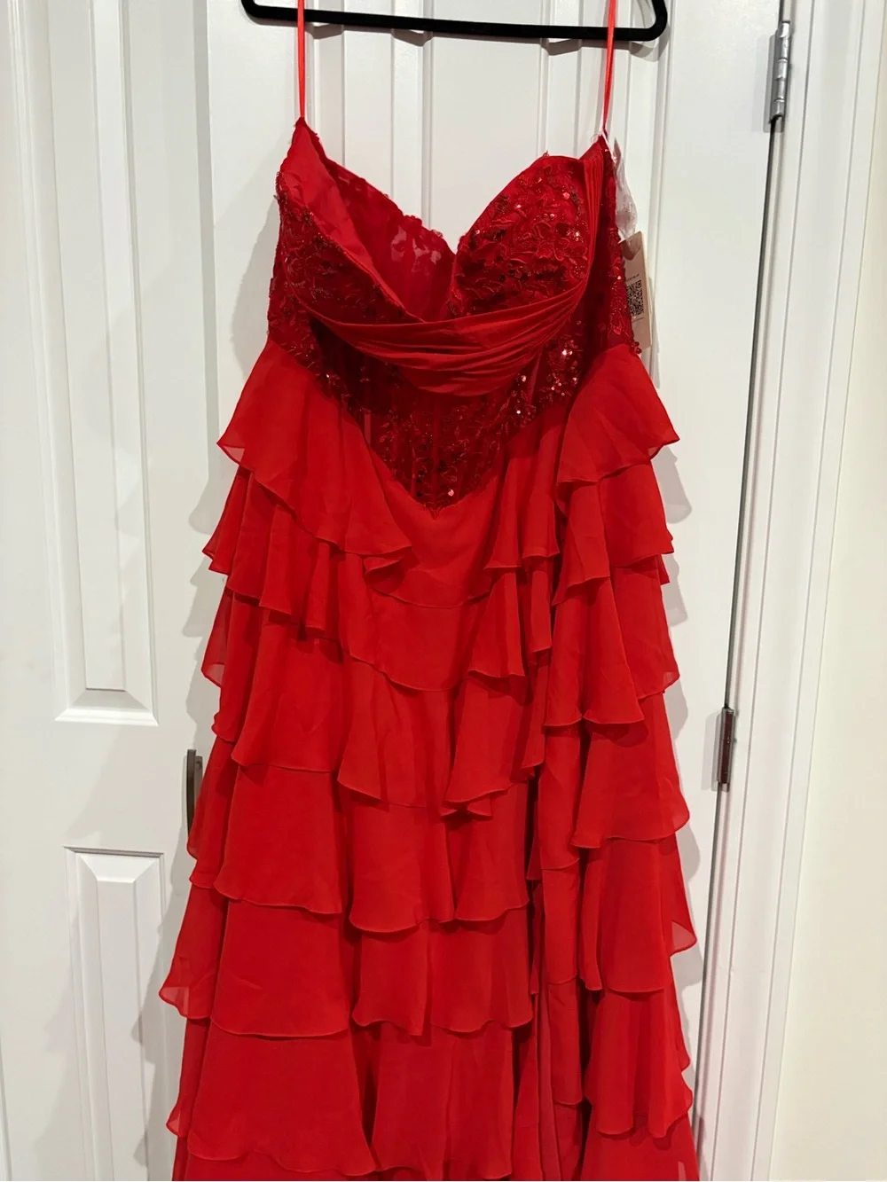 Red Strapless Layered Ruffle Gown - - Picture 3 of 5